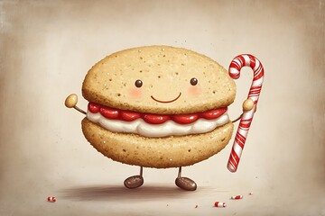 Cartoon cookie sandwich with cream filling and tiny arms holding a candy cane 