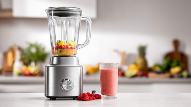 Blender preparing fresh fruit smoothie on a kitchen counter
