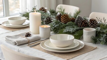 Cozy winter table setting with pinecones and candles