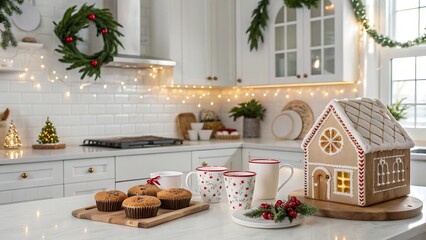 Cozy christmas kitchen with gingerbread house and muffins
