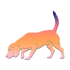 Illustration of an artistic depiction of a dog with a striking gradient color palette, sniffing the ground, isolated on transparent background