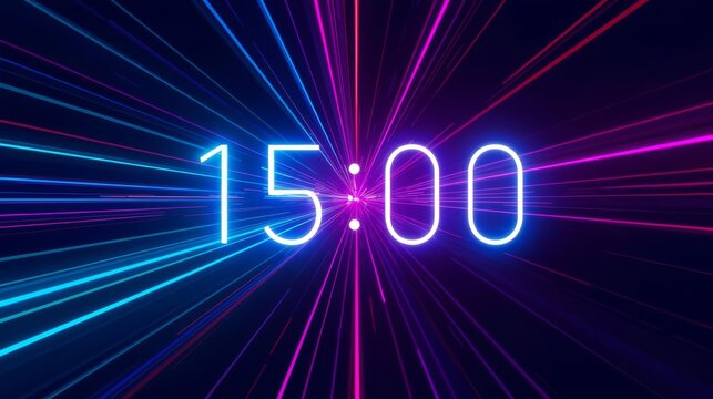 Futuristic neon digital clock showing a fifteen minute countdown timer.