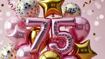 Celebratory 75th anniversary balloon display with gold and pink accents