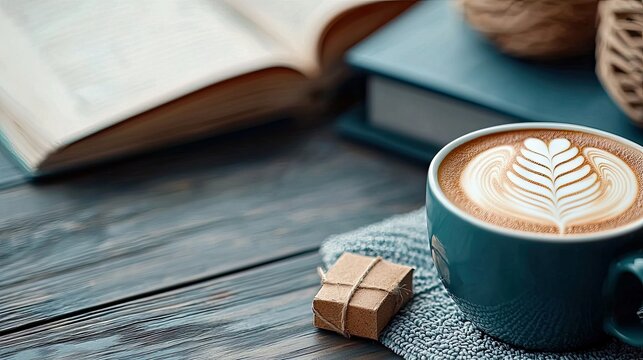 A close-up of a teal mug filled with coffee featuring intricate latte art, placed on a textured gray cloth next to a small gift box. An open book and a stack of