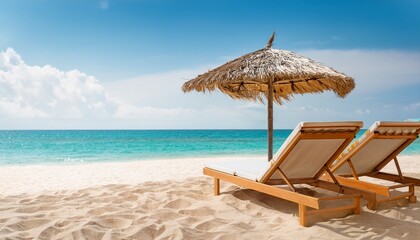 Beach Chair Or Beach Loungers On Sand At The Beach Summer Holiday Travel Vocation Concept Minimalist Beach Scene