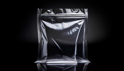 Minimalist Ziplock Style Plastic Bag Shown Against A Solid Black Background The Shiny Crinkled Plastic Texture And Light Reflections Make It An Excellent Mockup For Product Packaging Or Branding