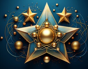golden five point star with spheres and lines on blue background abstract geometric shapes composition for celebration