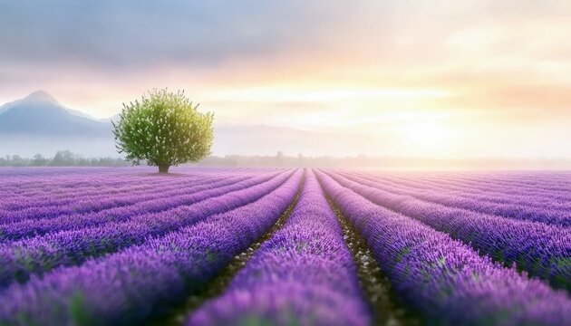 A vast field of blooming lavender stretches towards the horizon, with a single green tree standing prominently in the middle. Distant mountains are visible thro