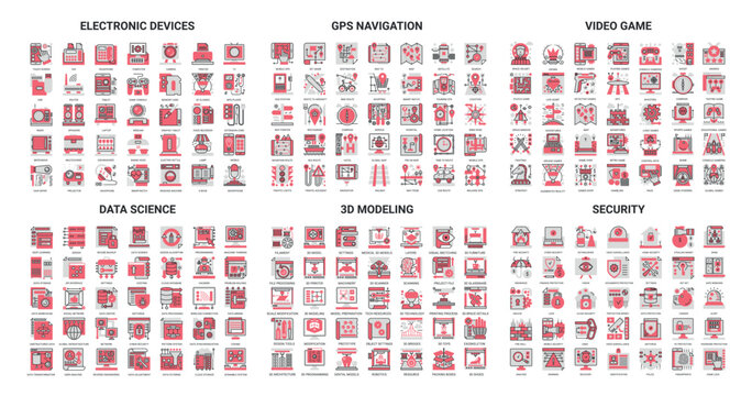 Video game devices, science data education, internet security thin red black line icon vector illustration set. Outline network cybersecurity technology, 3d modeling, travel gps navigation