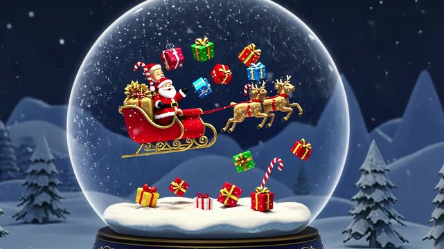 Santa's sleigh journey in snowy christmas globe with gifts and reindeer animation