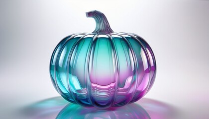Colorful Digital Illustration Of A Faceted Glass Pumpkin With Reflective Surface Gradient Tones Of Teal Pink And Purple On White Background