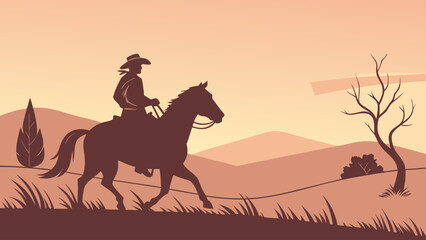 Silhouette of a cowboy riding a horse across a western landscape at sunset with mountains and trees