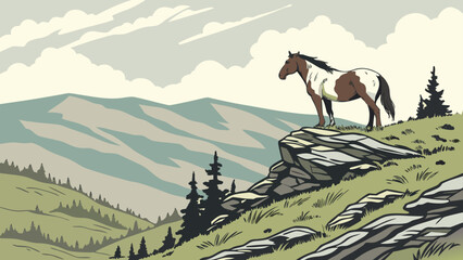 Horse standing on a rocky cliff overlooking a valley with mountains and a cloudy sky in the background