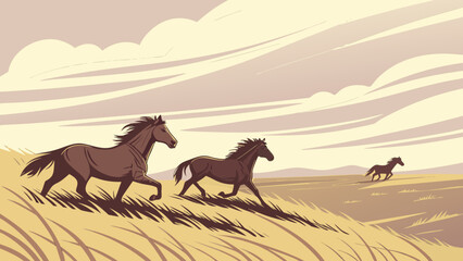 Three horses running freely across a grassy field under a cloudy sky in a stylized illustration
