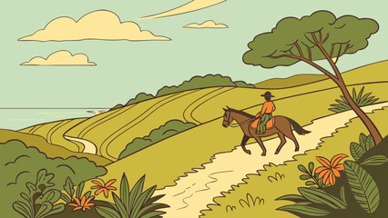 A horse rider riding a horse on a dirt road with green hills and a tree on a sunny day illustration