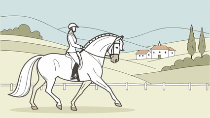 Illustration of a dressage rider on a white horse in a rural landscape with a building and trees