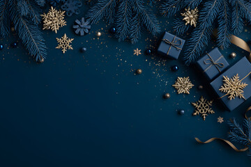 Festive Christmas and New Year Frame with Fir Branches, Ornaments, and Gold Gifts on a Dark Blue Background.