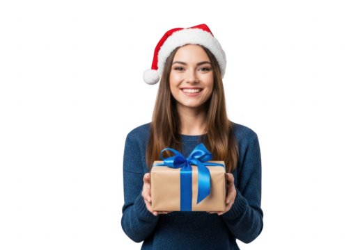 Woman in santa hat holding gift box isolated on transparent background