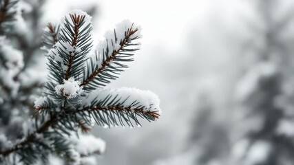 Snow-covered pine tree branch in serene winter forest setting - Powered by Adobe