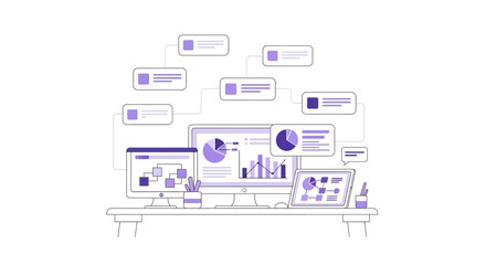 Modern data analytics dashboard concept showing business intelligence reports and project workflow visualizations for team collaboration and strategic insights