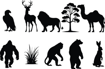 Gorilla, Lion, Deer, Bear, Camel, Eagle, Rabbit, Tree, and Grass Icons for Design.