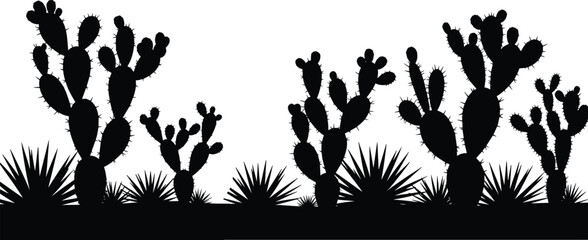 Desert cactus silhouette, prickly pear, spiky plants, black illustration, nature scene, arid flora, botanical design, dry landscape, minimal art