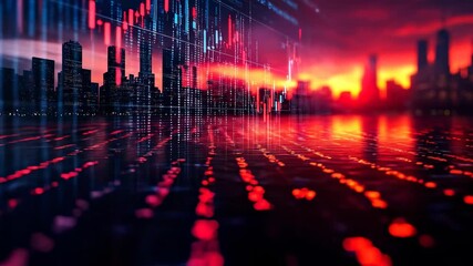 Vibrant sunset market trends. Stock market charts display trends against a city skyline at sunset, with colorful reflections creating a dynamic scene. - Powered by Adobe