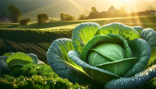 vibrant green cabbage glistening with dew drops morning farm