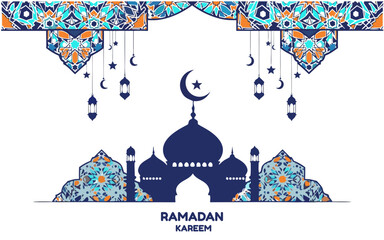 Elegant Ramadan Kareem vector with mosque silhouette