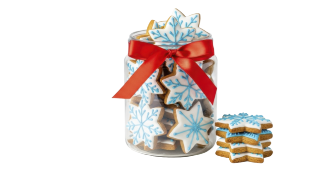 Decorated snowflake Christmas cookies in a glass jar with red ribbon and stacked next to it on a transparent background PNG image PNG file