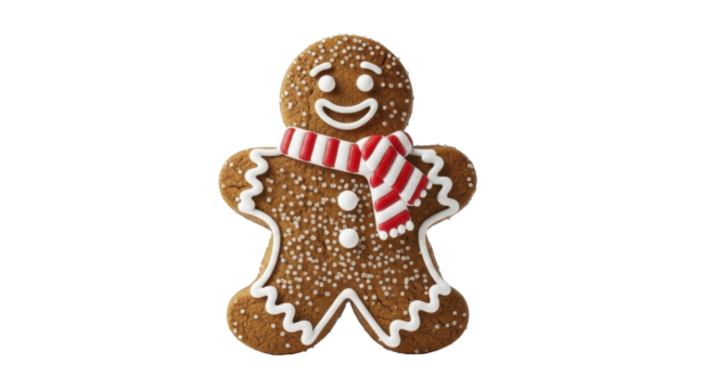 Gingerbread man cookie with white icing and red striped scarf on a transparent background, PNG image, PNG file