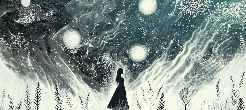 A lone silhouette walking through a cosmic snowy mountain valley illuminated by glowing celestial spheres, swirling sky patterns, and cold mist, creating a surreal emotional winter scene rich with mys