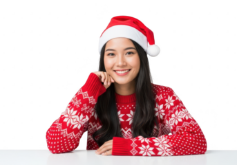 Young woman wearing christmas sweater and santa hat isolated on transparent background