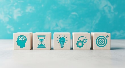 Five wooden blocks with icons representing thought, time, idea, process, and target in a row against blue background