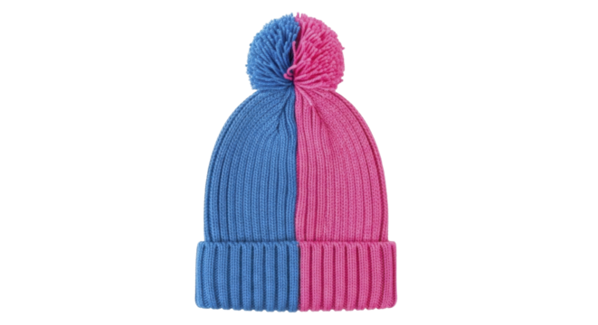  Blue and pink knitted winter beanie hat with pompom on a transparent background PNG image PNG file