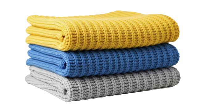 Warm stacked knit sweaters yellow blue grey on a transparent background, PNG image, PNG file - Powered by Adobe
