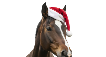 Brown Horse Head Wearing Santa Hat, White Blaze, Transparent Background PNG Image