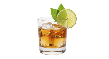 Whiskey glass with ice cubes, lime slice, and mint leaves on a transparent background, PNG image