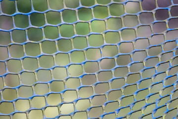 Abstract close-up texture background of worn, old garden netting mesh, showing weathered plastic...