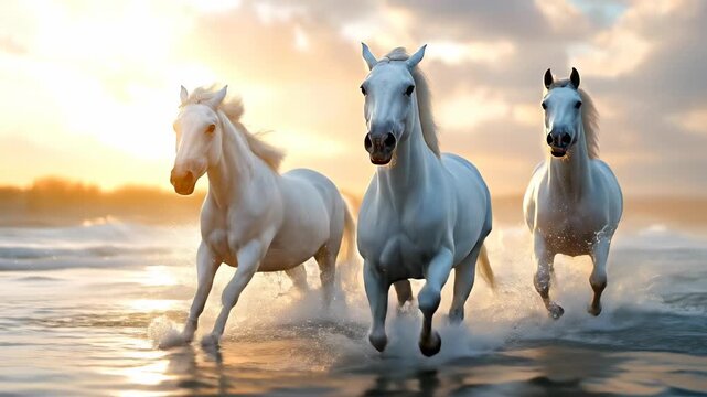 White horses galloping in sea. Three white horses gallop through the waves at sunset, creating splashes against the shimmering water.