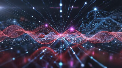 Futuristic technology background featuring mesmerizing lights and bold red and blue abstract design, capturing the concept of cutting edge innovation and progress in digital exploration.