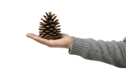 Human hand presenting a natural pinecone on a transparent background PNG image PNG file for winter season