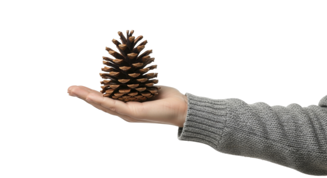 Human hand presenting a natural pinecone on a transparent background PNG image PNG file for winter season - Powered by Adobe