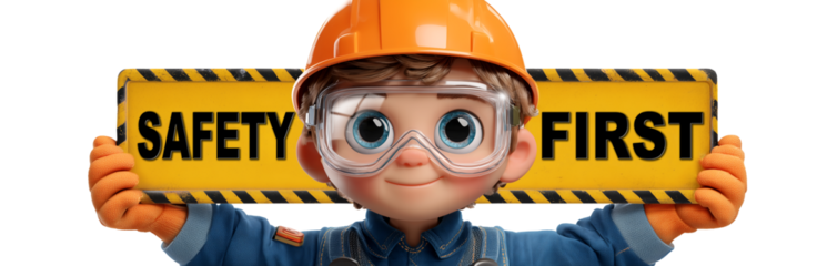 Cartoon worker wearing safety glasses, safety helmet, work gloves, holding a black and yellow sign with the black text "SAFETY FIRST". Isolated on white or transparent background. Png. Generative Ai.