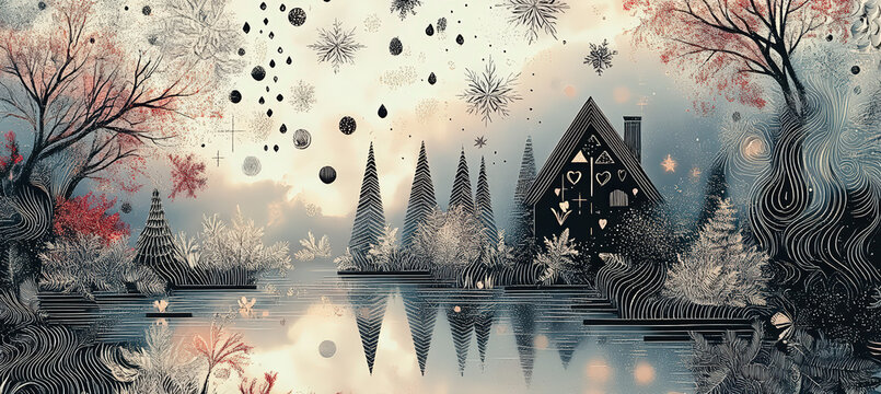 A peaceful winter cabin nestled beside a frozen lake, framed by red branches, floating particles, and snowy textures, creating a serene surreal landscape that blends cozy warmth with quiet atmospheric