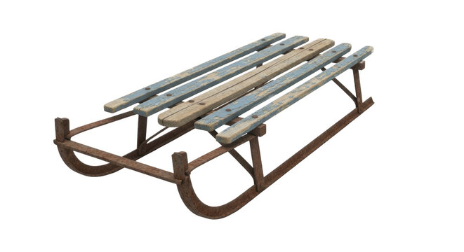  Old Wooden Sled with Rusty Metal Runners on a transparent background, PNG image, PNG file