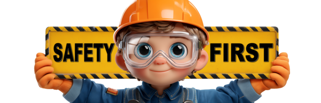 Cartoon worker wearing safety glasses, safety helmet, work gloves, holding a black and yellow sign with the black text "SAFETY FIRST". Isolated on white or transparent background. Png. Generative Ai. - Powered by Adobe