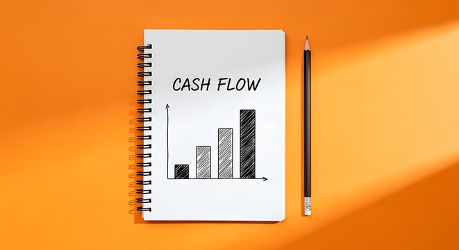 Spiral notebook with hand drawn cash flow bar chart and pencil on bright orange background with sunlight