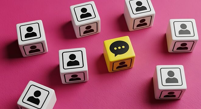 Small wooden blocks with user profile icon and one yellow block with a speech bubble icon on pink surface