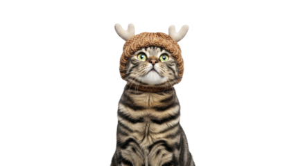 A tabby cat wearing a festive knitted reindeer hat looking up curiously on a transparent background, PNG image